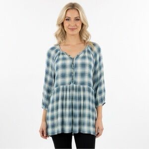 Maeve Anthropologie Blue Green Plaid Tunic Blouse Large Boho Button Front